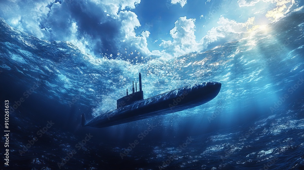 A detailed view of a modern submarine swimming underwater amidst vibrant blue hues and sunbeams filtering through the ocean surface. A detailed view of a modern submarine swimming underwater amidst vibrant blue hues and sunbeams filtering through the ocean surface.