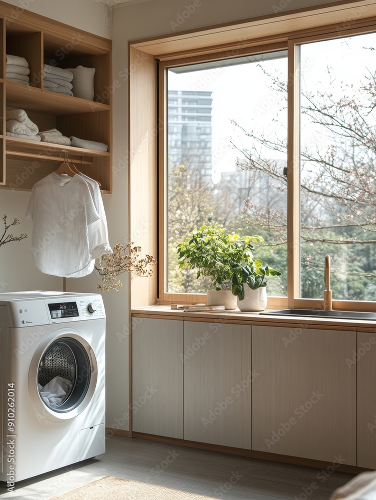 Bright and airy laundry room featuring a modern washer, elegant decor, and natural light streaming through a large window. Bright and airy laundry room featuring a modern washer, elegant decor, and natural light streaming through a large window.
