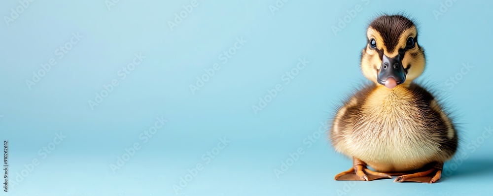 Fototapeta premium An adorable duckling sitting on a solid sky blue background with space above for text