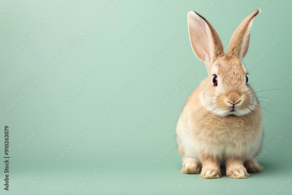Obraz premium A curious rabbit sitting on a solid green background with space above for text