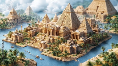 A stunning digital artwork of ancient Egyptian pyramids surrounded by lush greenery and a serene river, capturing the grandeur of the civilization. photo