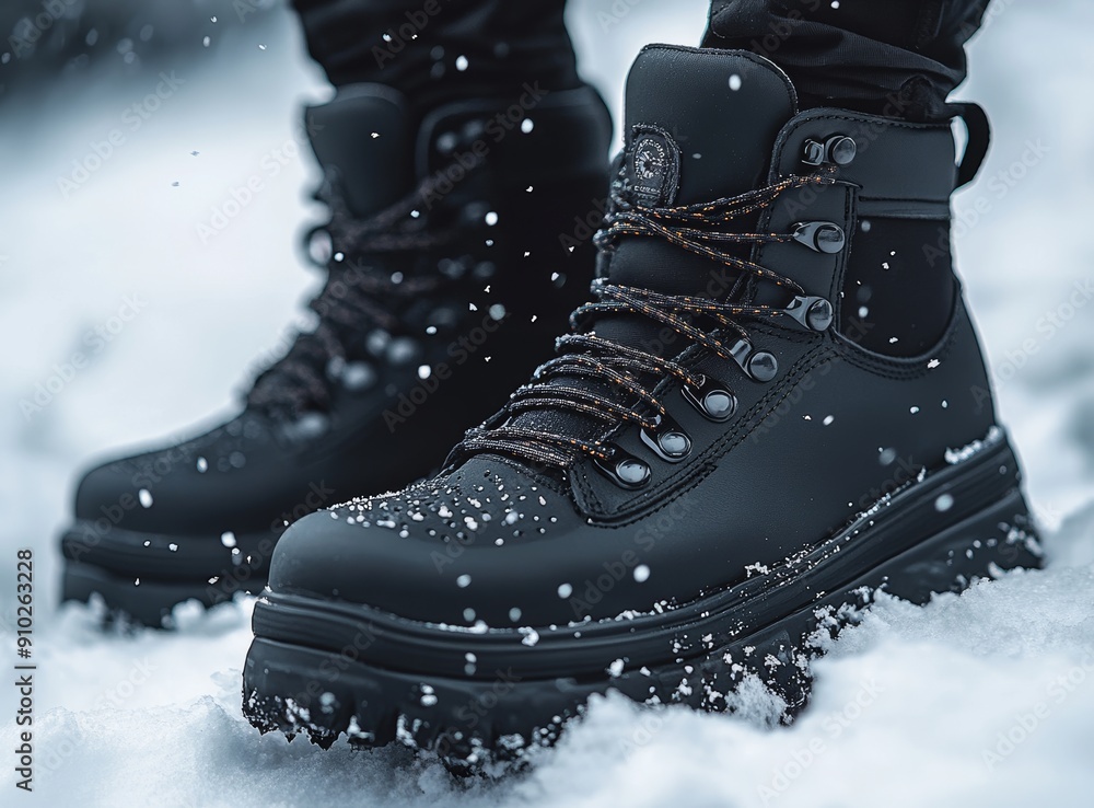 Men's rugged black winter boots with snowflakes, perfect for outdoor adventures in chilly weather. Men's rugged black winter boots with snowflakes, perfect for outdoor adventures in chilly weather.