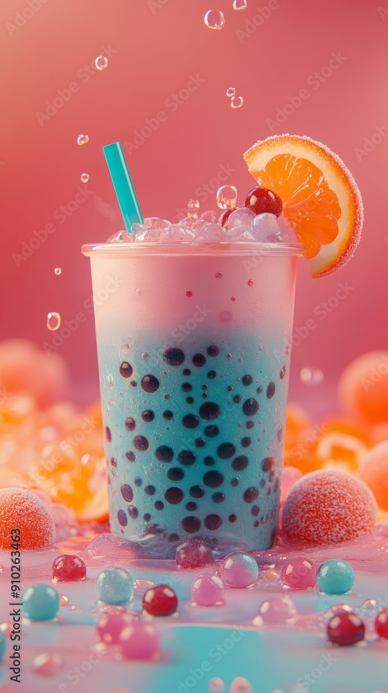 A refreshing bubble tea with vibrant colors, garnished with an orange slice and surrounded by colorful toppings. A refreshing bubble tea with vibrant colors, garnished with an orange slice and surrounded by colorful toppings.