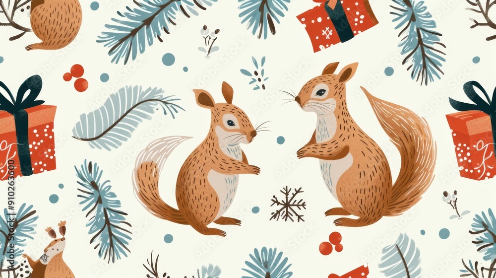 Illustrations of squirrels engaging in Christmas activities Illustrations of squirrels engaging in Christmas activities