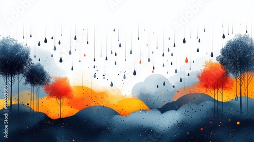 Minimal Geometric Design of a Rainy Sky with Abstract Raindrops and Clouds