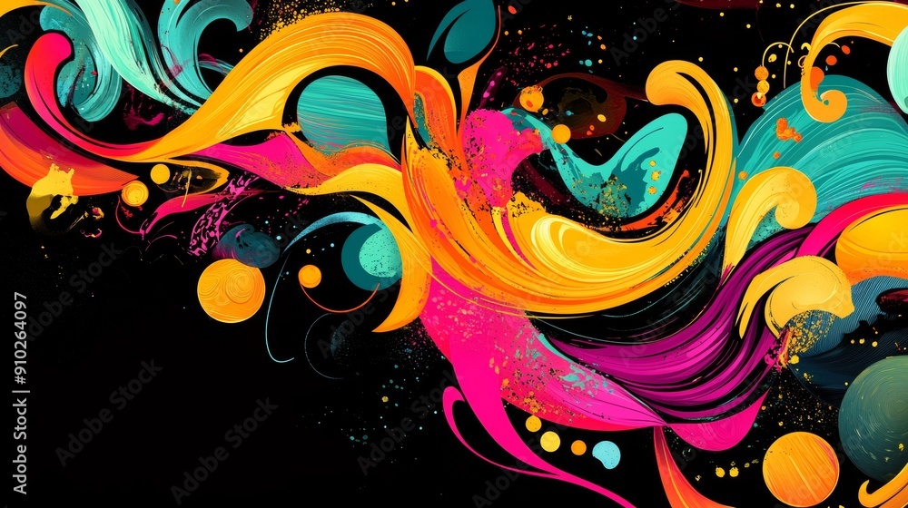 Vibrant abstract swirl of colors with bold swirls and playful dots on a dark background. Vibrant abstract swirl of colors with bold swirls and playful dots on a dark background.