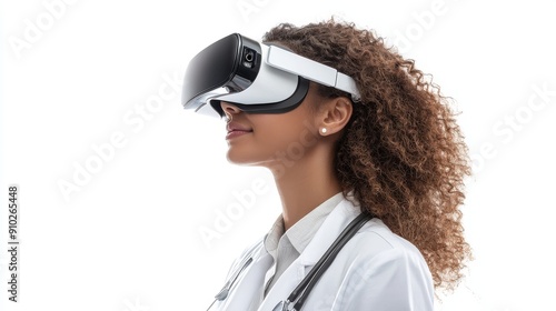 A young Black female doctor wearing a virtual reality headset, demonstrating advanced technology in healthcare.