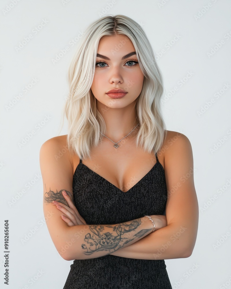 Confident young woman with blonde hair and tattoos, showcasing a bold look against a minimalist backdrop. Confident young woman with blonde hair and tattoos, showcasing a bold look against a minimalist backdrop.