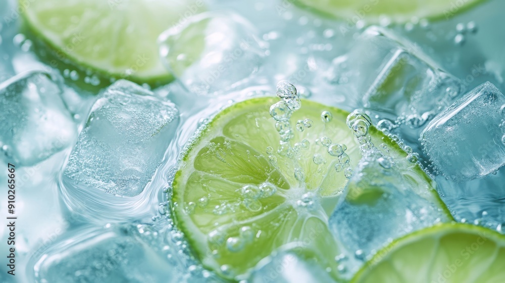 Fresh and detailed visual of Key lime slices and ice cubes in water, minimalist style, light green and blue background, enhanced contrast and saturation, macro photography Fresh and detailed visual of Key lime slices and ice cubes in water, minimalist style, light green and blue background, enhanced contrast and saturation, macro photography