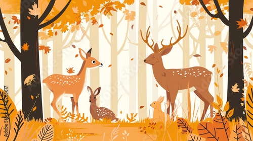 A deer family and rabbits stand in a colorful autumn forest. photo