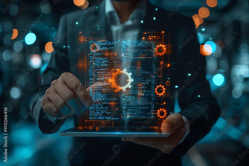 Fototapeta premium Businessman holding a tablet with a holographic graph and dollar sign icon