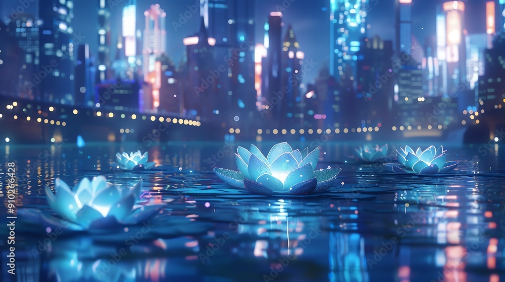Fototapeta premium A futuristic city skyline with glowing water lilies reflecting on a tranquil river. The image evokes a sense of wonder and mystery.