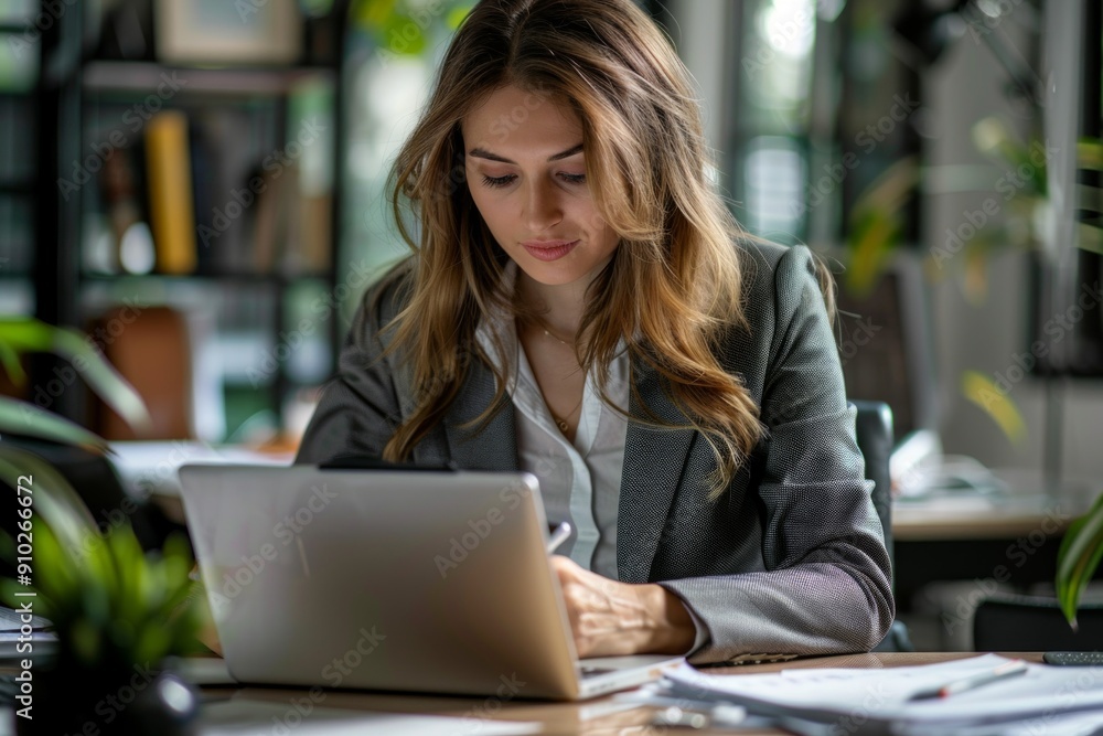 Businesswoman working on laptop at desk in office environment. Business concept photo Businesswoman working on laptop at desk in office environment. Business concept photo