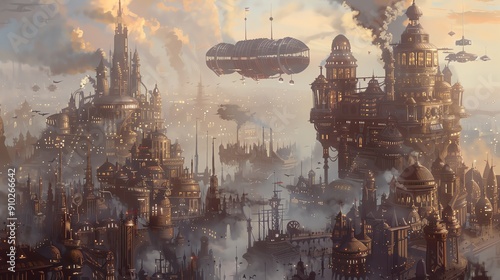 A futuristic cityscape with floating buildings and airships, set against a cloudy sky.  The city is built on a network of platforms and bridges. photo