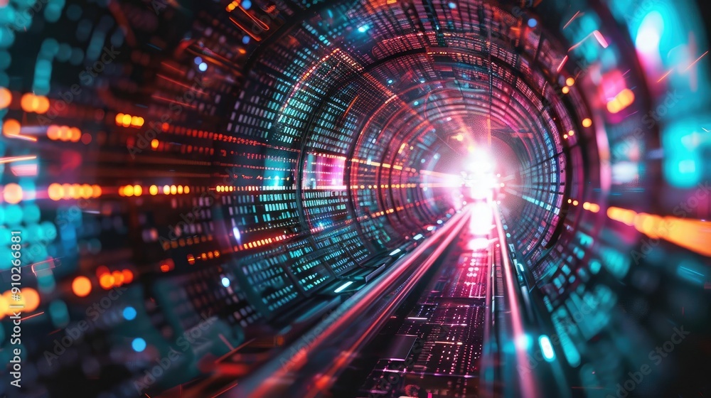 A vibrant tunnel of light and data, showcasing a blend of technology and energy through colorful beams and patterns. A vibrant tunnel of light and data, showcasing a blend of technology and energy through colorful beams and patterns.