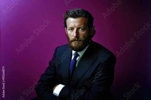 A distinguished bearded man in a dark suit poses confidently with his arms crossed against a vibrant purple background, exuding sophistication and style.