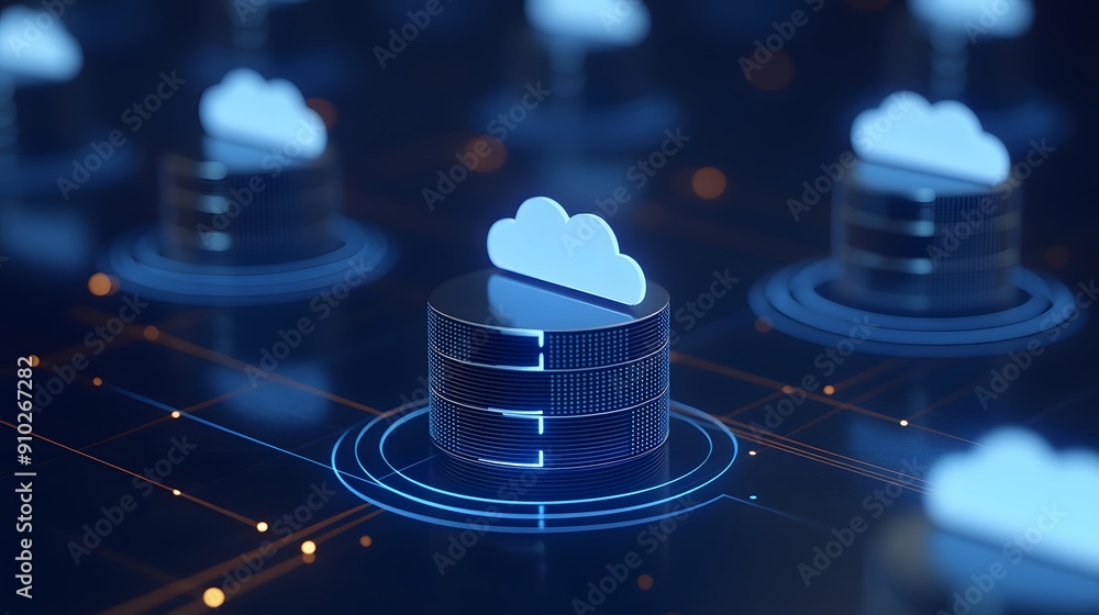 Cloud computing data storage concept with server icons and neon lights, illustrating modern technology and digital infrastructure. Cloud computing data storage concept with server icons and neon lights, illustrating modern technology and digital infrastructure.