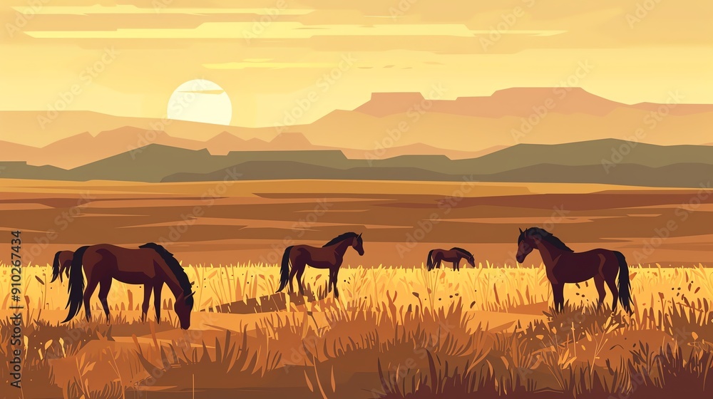 A herd of horses graze in a field at sunset, with mountains in the distance. A herd of horses graze in a field at sunset, with mountains in the distance.