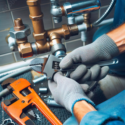 Closeup plumber hand repairing leaking pipes with adjustable wrench in the bathroom