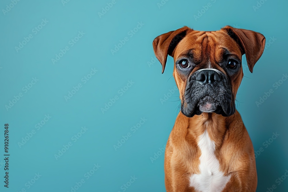 A lovable Boxer sitting on a solid turquoise background with space above for text A lovable Boxer sitting on a solid turquoise background with space above for text