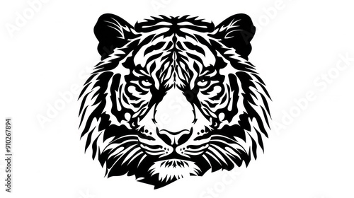 A detailed black and white illustration of a tiger's face showcasing the ferocity and majesty of this magnificent animal, complete with intricate patterns and sharp details.