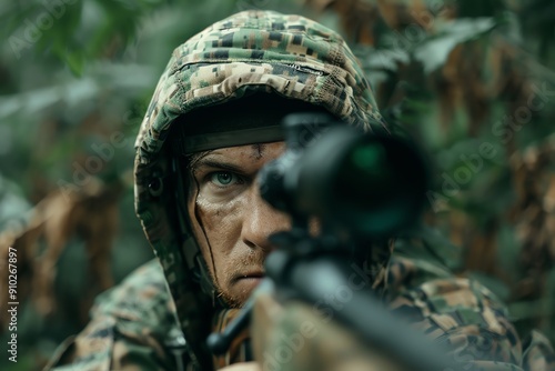 American sniper in camouflage, dense forest, high tension, precision and focus photo