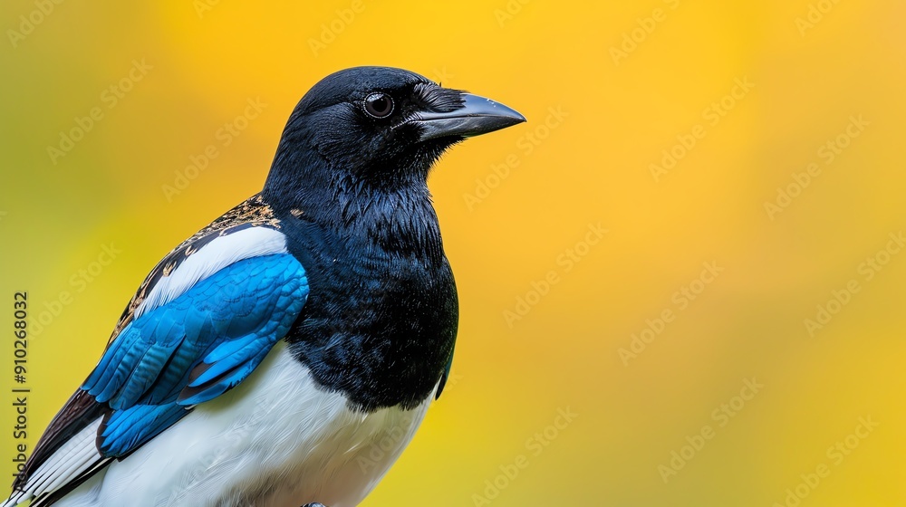 Obraz premium Clever magpie with shiny feathers, wild and curious