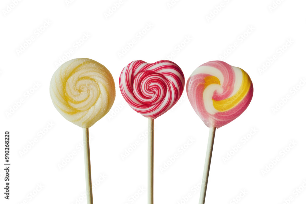 Three colorful lollipops: heart, spiral, swirl isolated on white. PNG image Three colorful lollipops: heart, spiral, swirl isolated on white. PNG image