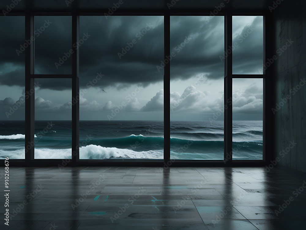 Fototapeta premium The window view reveals a vast, serene expanse of the sea.