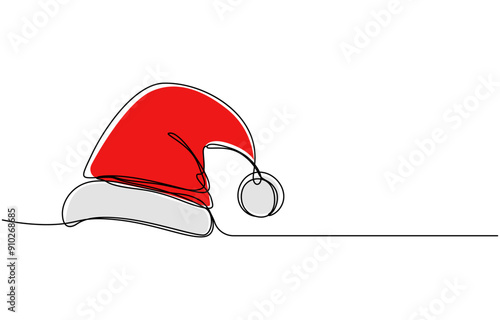 Continuous line drawing of cap of santa. Christmas hat one line icon. One line drawing background. Vector illustration. Winter hat black icon, santa hats outline, one continuous line drawing, isolated