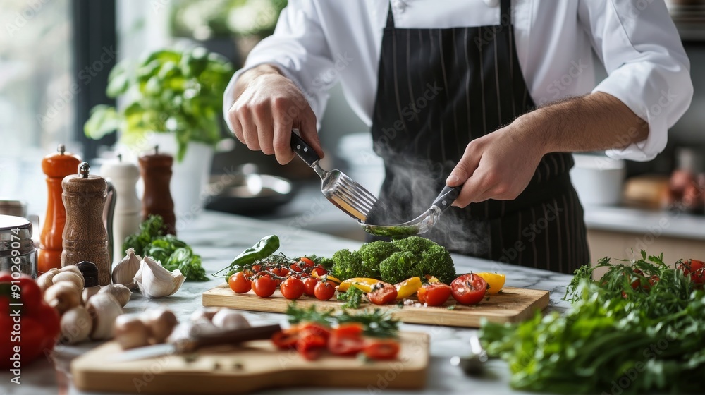 A male chef expertly prepares fresh vegetables in a modern kitchen, creating a vibrant and healthy dish. A male chef expertly prepares fresh vegetables in a modern kitchen, creating a vibrant and healthy dish.