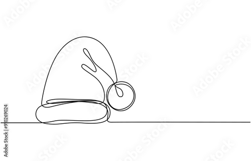 Continuous line drawing of cap of santa. Christmas hat one line icon. One line drawing background. Vector illustration. Winter hat black icon, santa hats outline, one continuous line drawing, isolated