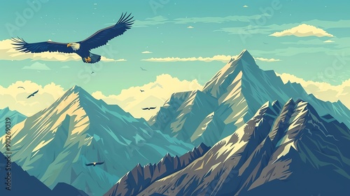 A majestic eagle soars over a breathtaking mountain range. The peaks are snow-capped and the sky is a vibrant blue. photo