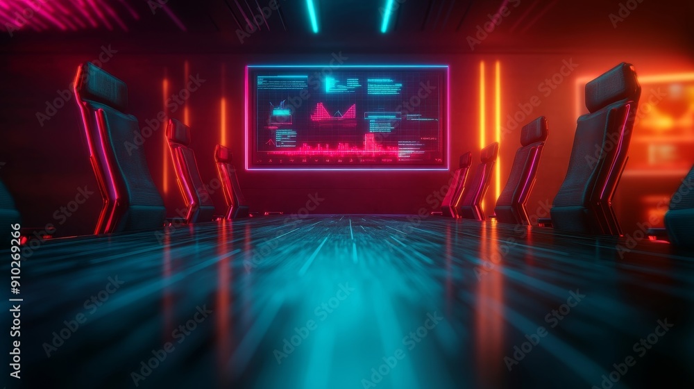 Futuristic conference room featuring neon lights, sleek chairs, and digital displays for tech-savvy meetings and presentations. Futuristic conference room featuring neon lights, sleek chairs, and digital displays for tech-savvy meetings and presentations.