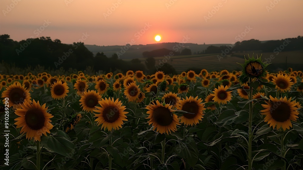 Obraz premium Vibrant Sunflower Field Bathed in Warm Sunset Glow over Serene Rural Landscape
