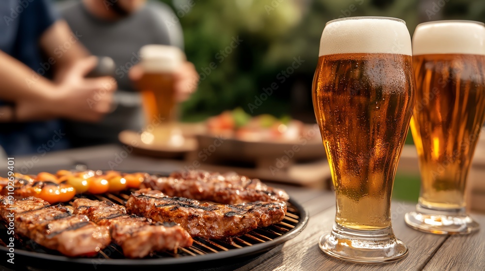 Enjoy a lively outdoor barbecue featuring grilled meat and refreshing beer, perfect for gatherings and celebrations. Enjoy a lively outdoor barbecue featuring grilled meat and refreshing beer, perfect for gatherings and celebrations.