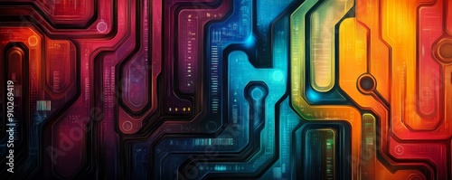Vibrant abstract circuit board with colorful patterns, representing technology and modernity in a digital world.