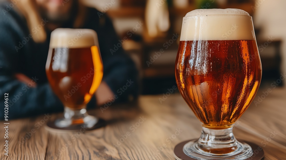 Two glasses of amber beer with frothy tops sit on a wooden table, inviting relaxation and good company in a cozy setting. Two glasses of amber beer with frothy tops sit on a wooden table, inviting relaxation and good company in a cozy setting.