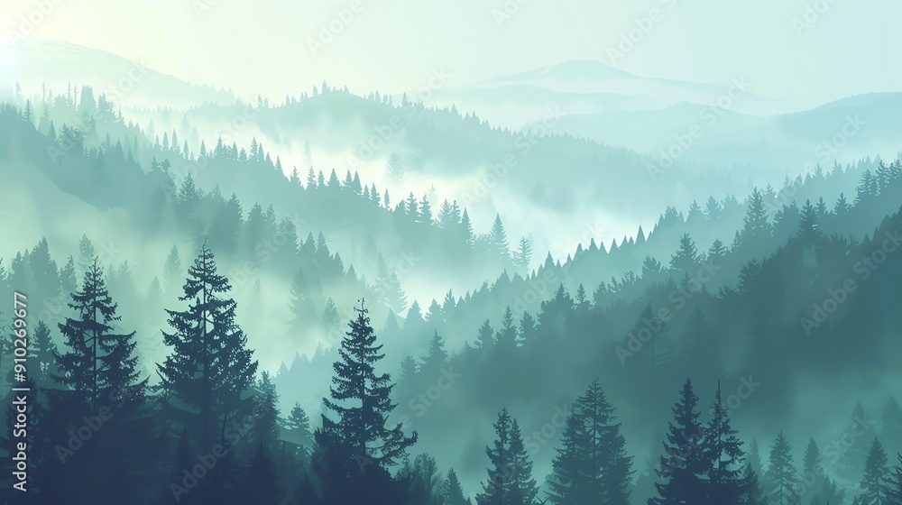 Fototapeta premium A misty, ethereal forest landscape with rolling hills and tall evergreen trees. The soft morning light creates a serene and tranquil atmosphere.