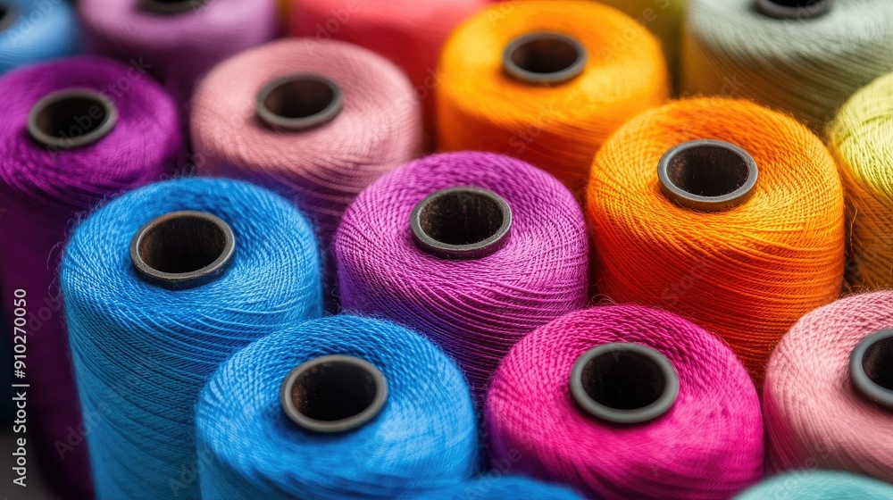 Close-up view of colorful spools of thread, showcasing their vibrant and diverse hues. Close-up view of colorful spools of thread, showcasing their vibrant and diverse hues.