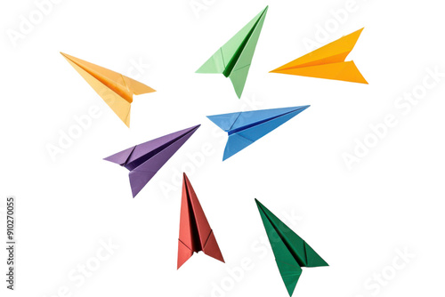 Colorful paper planes flying on white background.