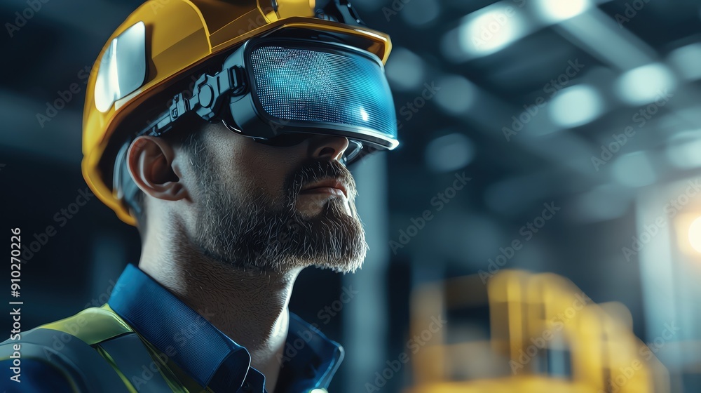 A construction worker wearing a VR headset explores innovative technology in a modern industrial setting. A construction worker wearing a VR headset explores innovative technology in a modern industrial setting.