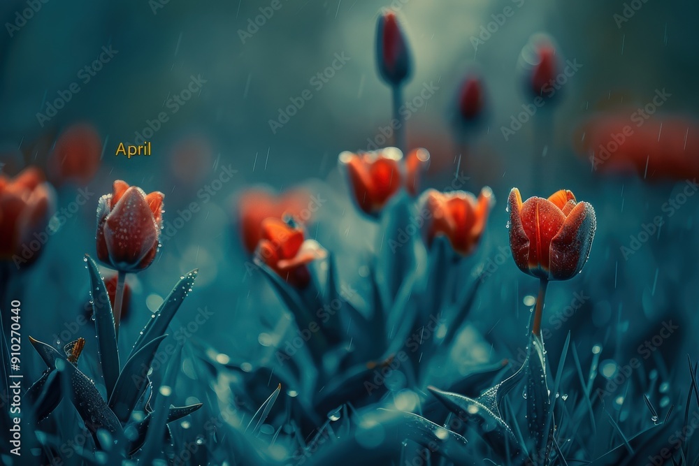 Obraz premium Vibrant tulips emerge from a dreamy landscape, glistening with morning dew as soft light dances across petals, heralding the beauty of Aprils arrival.