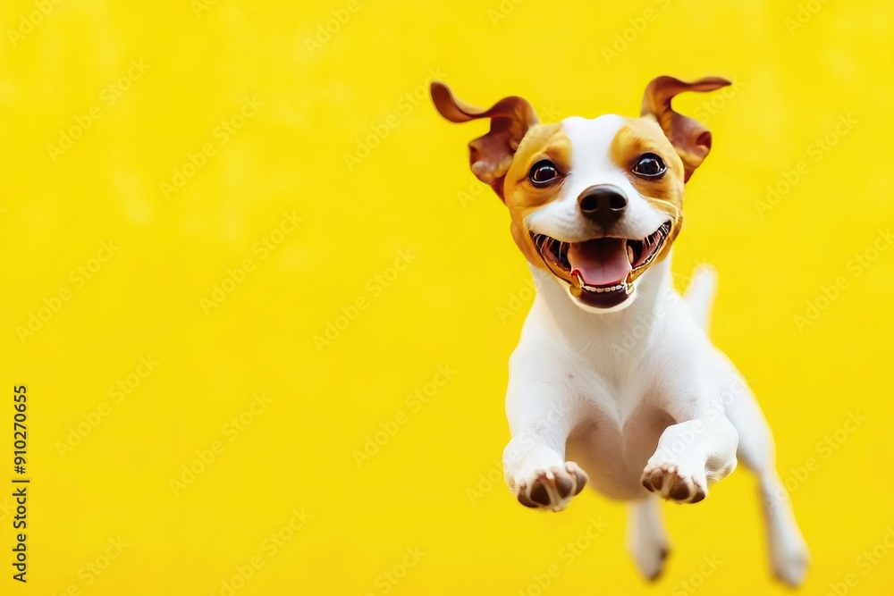 Fototapeta premium A happy dog jumping joyfully against a bright yellow background, capturing the essence of playfulness and freedom.