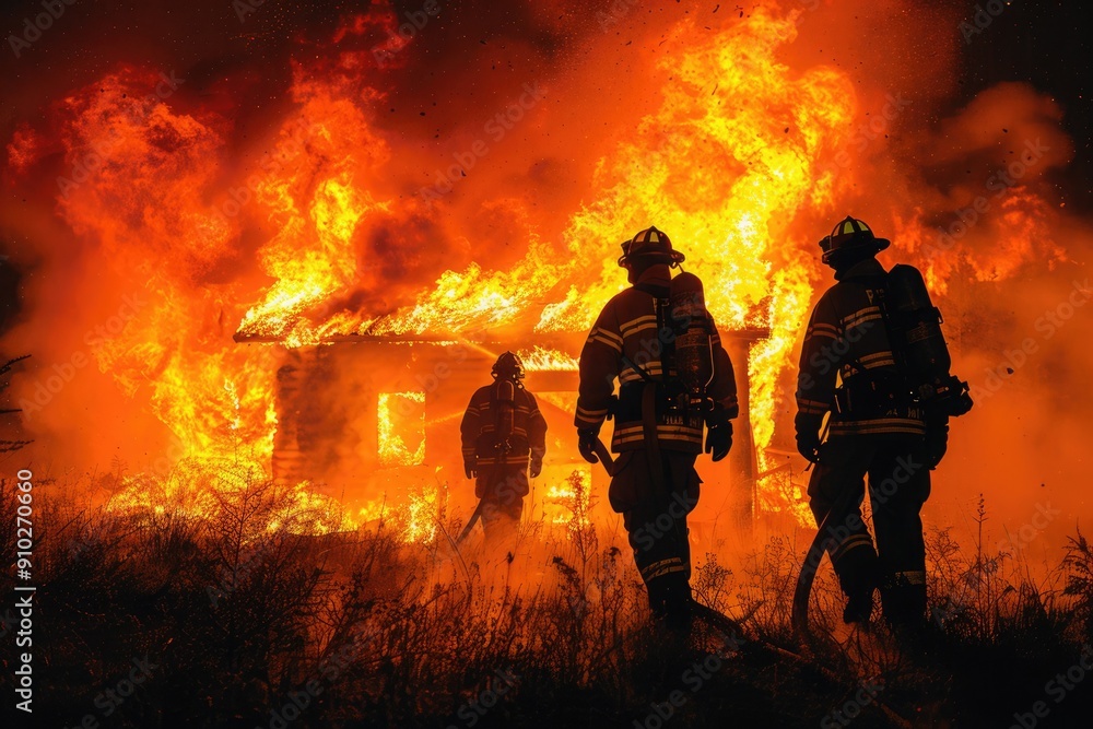 Brave firefighters are heroically combatting a blazing inferno during the dark night hours Brave firefighters are heroically combatting a blazing inferno during the dark night hours