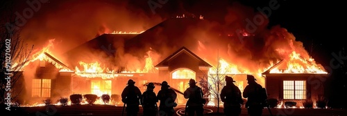 Brave firefighters are heroically combatting a blazing inferno during the dark night hours