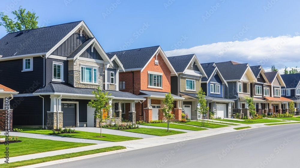 A row of modern suburban houses showcasing diverse architecture under a clear blue sky, highlighting a vibrant neighborhood. A row of modern suburban houses showcasing diverse architecture under a clear blue sky, highlighting a vibrant neighborhood.