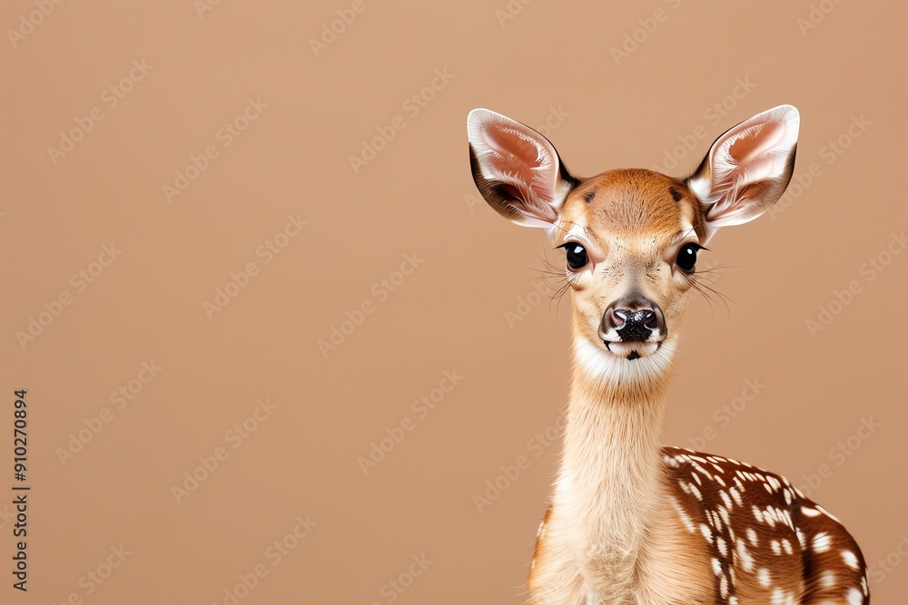A gentle fawn sitting on a solid brown background with space above for text A gentle fawn sitting on a solid brown background with space above for text