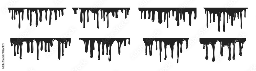 Dripping blood liquid borders silhouette in black ink style, vector cartoon illustration. Set of different dripping patterns for horror and spooky themes. Dripping blood liquid borders silhouette in black ink style, vector cartoon illustration. Set of different dripping patterns for horror and spooky themes.