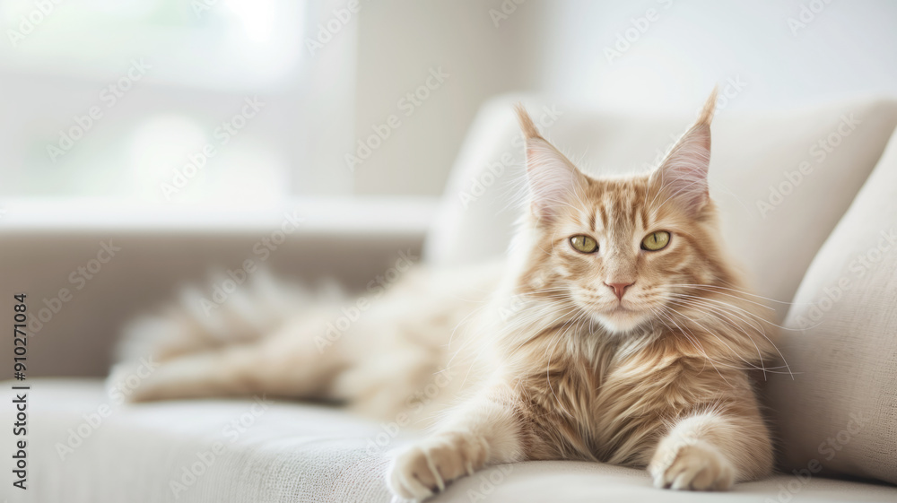 Maine Coon cat relaxing on a cozy white sofa, sunlight streaming through window, domestic feline concept Maine Coon cat relaxing on a cozy white sofa, sunlight streaming through window, domestic feline concept